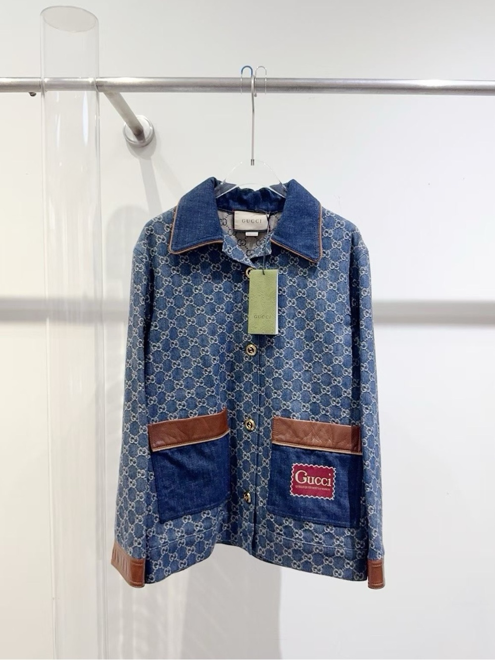 Gucci Blue Denim GG-Print Jacket with Brown Leather Trim